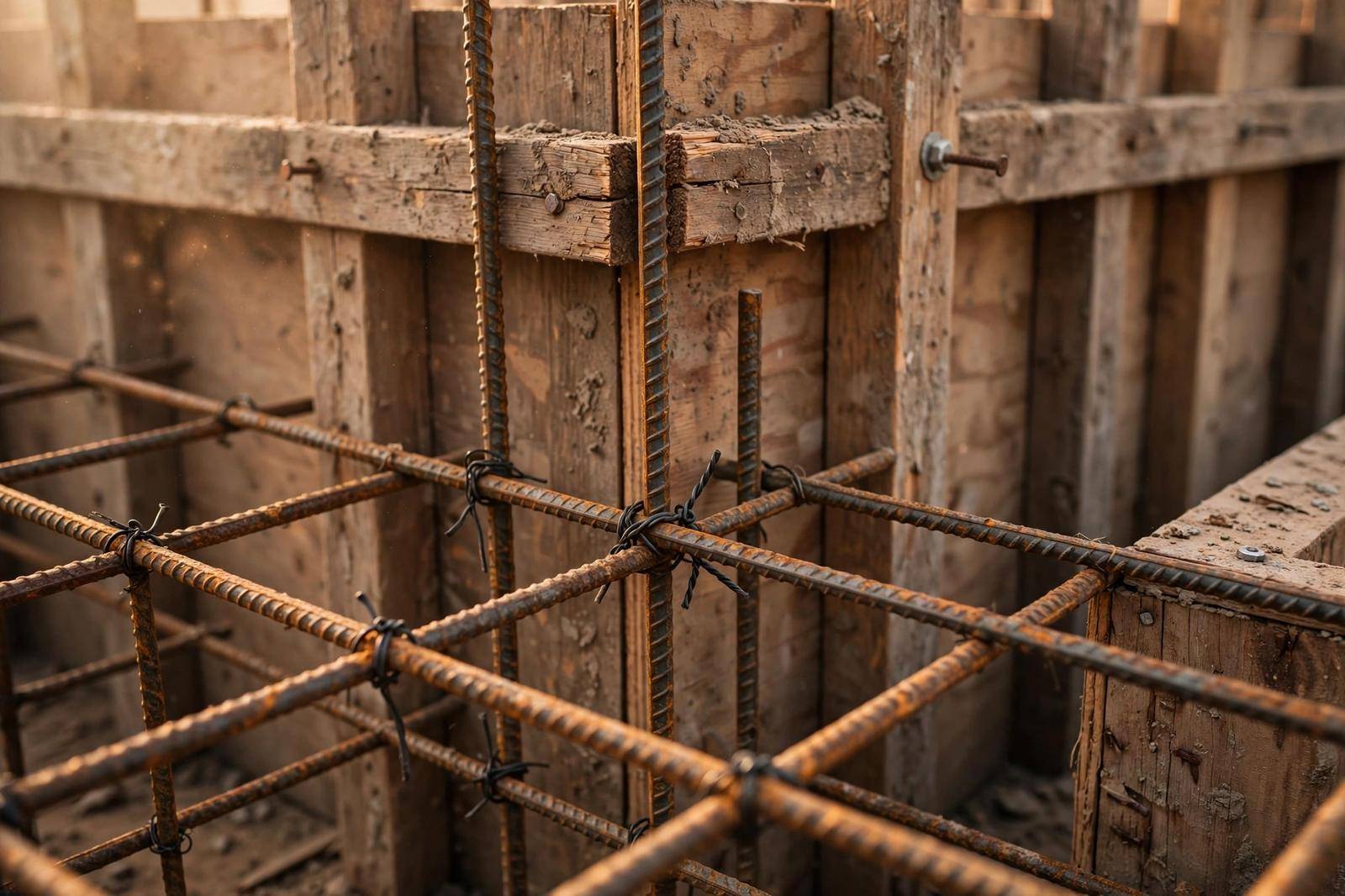 Art-direction photograph of wooden formwork boards and a tied rebar grid