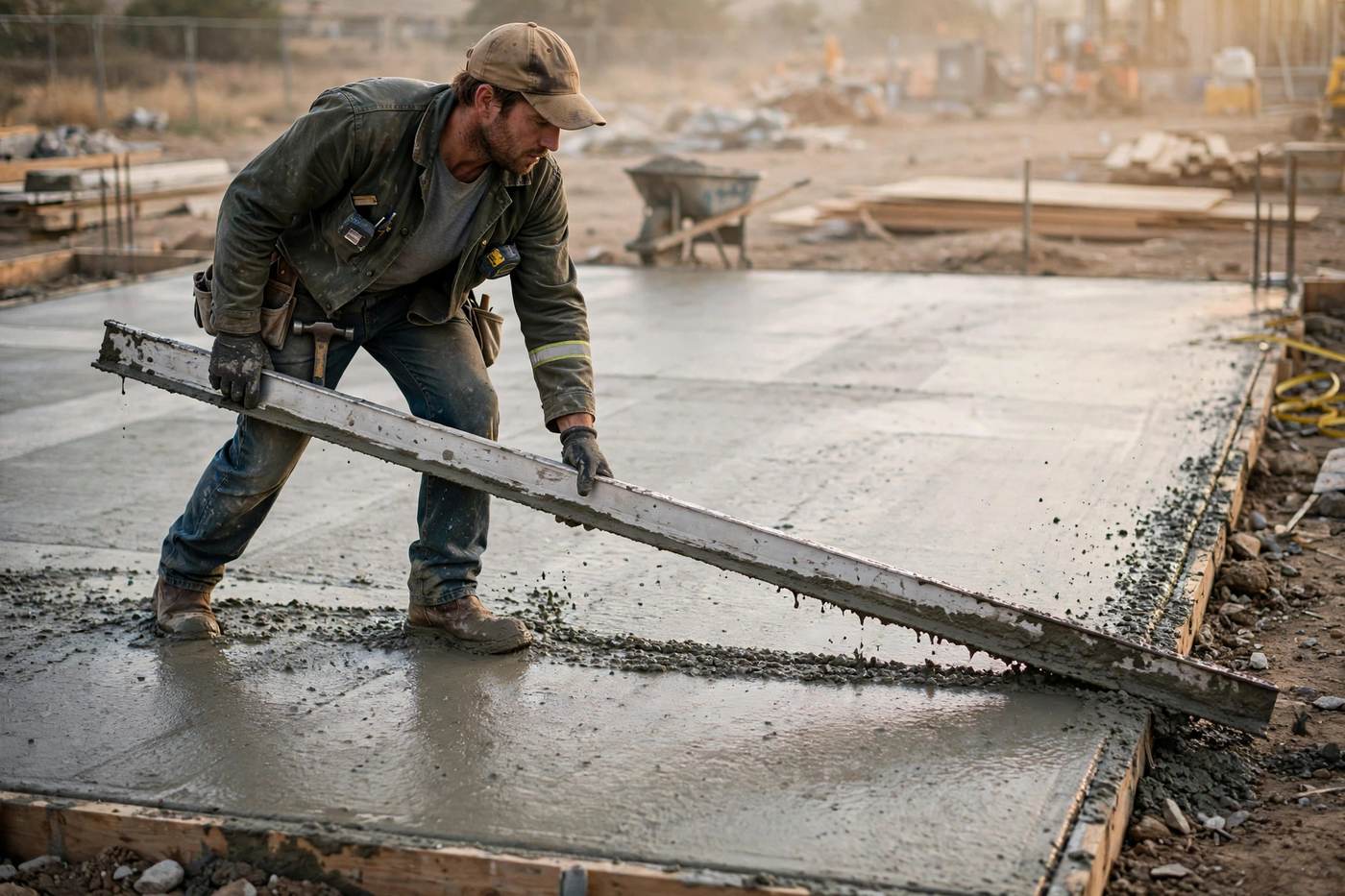 Art-direction photograph of a worker pulling a screed board across fresh concrete